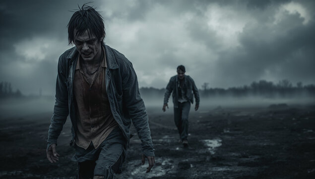 Creepy zombies walking through a misty field in a post-apocalyptic world for horror concept