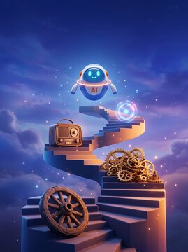 3d ai robot floating above spiral staircase of old radio wheel and gears technology evolution