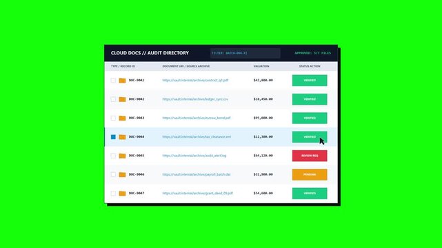 Fintech Transaction Ledger and Escrow Verification UI on Green Screen, Automated Compliance Check and Cloud Database Animation, Seamless Loop