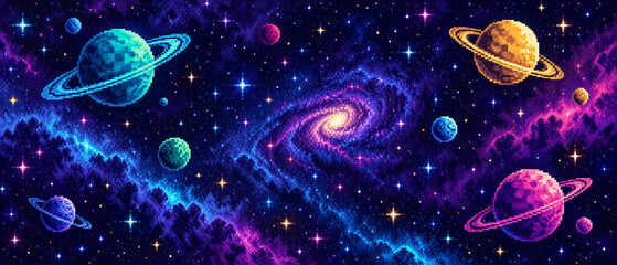 Pixel art space background featuring planets and spiral galaxy © David