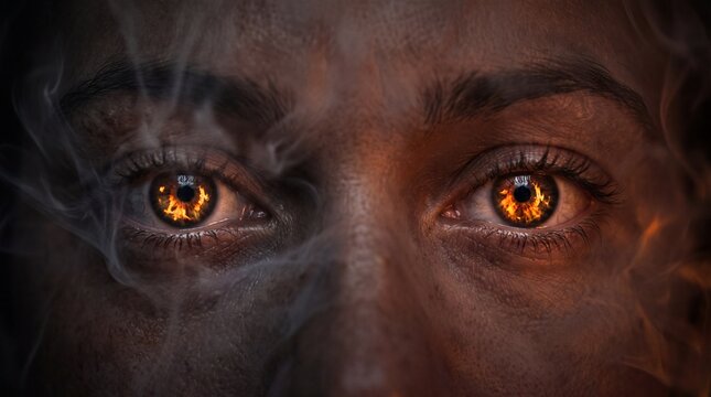 Intense fire eyes of a supernatural being with swirling smoke