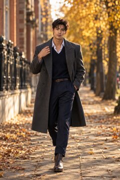 Stylish young man walking on autumn street wearing wool coat and