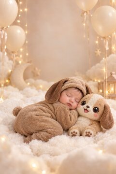Newborn baby sleeping in bunny costume with plush toy on clouds with