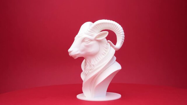 White 3D printed ram bust sculpture rotating against solid red backdrop