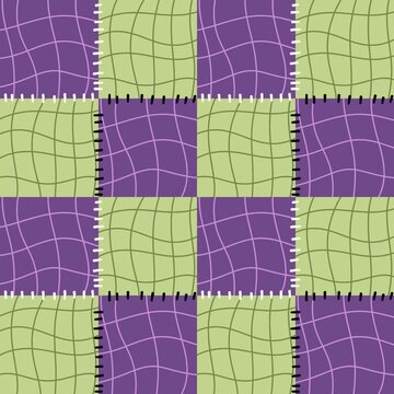 Seamless patchwork pattern with purple and green checkered quilt squares, stitched textile vector illustration.