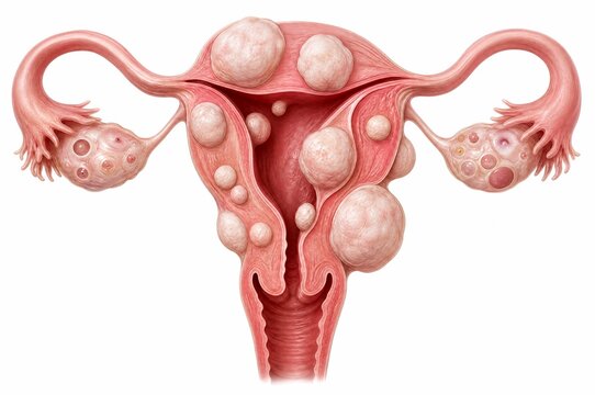 Illustration of a human uterus with multiple fibroids, showcasing the internal structure