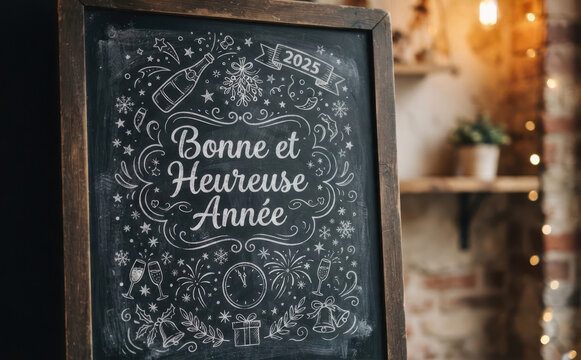 Bonne et Heureuse Annee tableau noir de bonne annee 2025 avec des dessins a la craie pour cartes de voeux et fetes