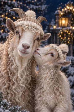 Portrait of mother goat and baby kid wearing knit hats in snowy night. Christmas winter holiday scene with festive lights and snow covered trees.