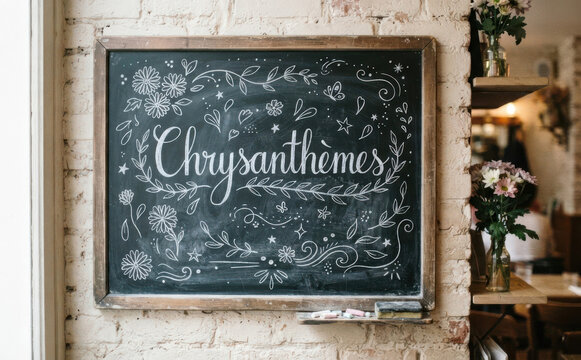 Chrysanthemes tableau noir avec inscription ecrite a la craie pour decoration de salon et cafe