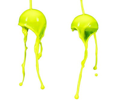Neon yellow paint pouring down curve ball. Fluorescent yellow liquid water melting over Black background isolated. Bright green paint melt down on sphere ball sticky spike, Photograph