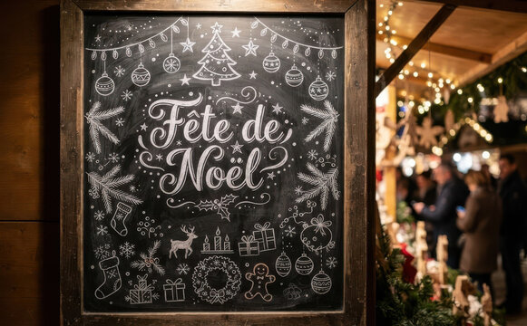 Fete de Noel tableau noir de marche de Noel avec message de joyeuses fetes, decoration hivernale pour design festif et communication saisonniere