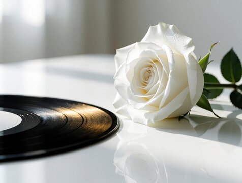 White rose flower lies next to black vinyl record on white table. Elegant floral still life with retro music disc. Romantic atmosphere with soft light, minimal decor, aesthetic composition for