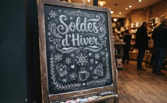 Soldes d Hiver tableau noir commerce devanture vitrine promotion hivernale ardoise message publicitaire