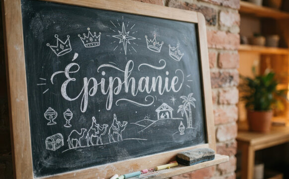 Epiphanie tableau noir avec ecriture craie et rois mages pour celebration religieuse