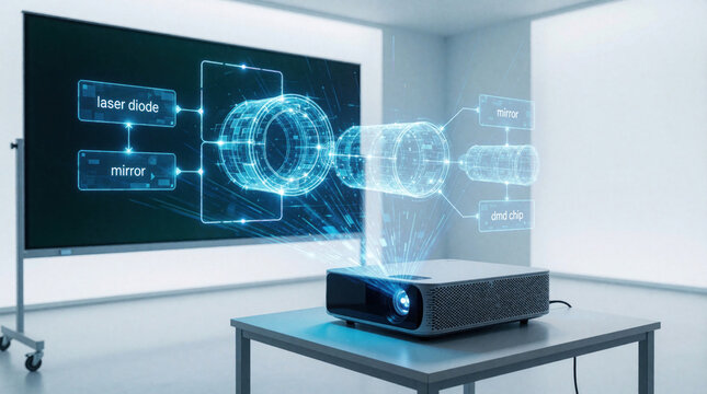 Holographic flowchart projected by laser projector on big screen. Digital diagram shows laser diode, mirror, dmd chip components. Futuristic tech visualization of optical system in bright modern