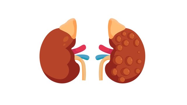 Medical vector animation displaying an anatomical comparison between a normal human kidney and a diseased organ covered in multiple cystic nodules, highlighting polycystic kidney disease (PKD)