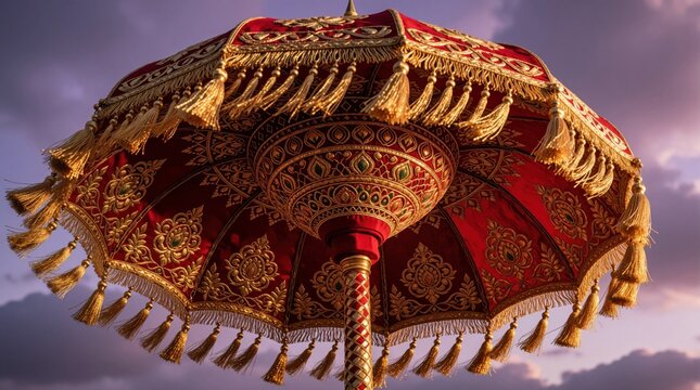 Ornate red, gold ceremonial umbrella with silk fabric, gold tassels. Traditional Indian ethnic parasol features detailed embroidery, luxury patterns. Decorative ritual accessory stands against