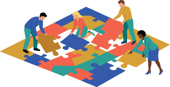 Business Team Assembling Large Jigsaw Puzzle Floor for Strategy and Solution