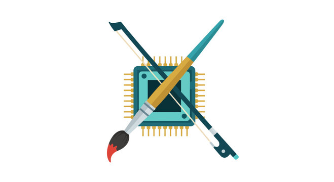Creative Technology Concept Illustration: Computer Chip with Paintbrush and Violin Bow representing AI Art and Digital Innovation