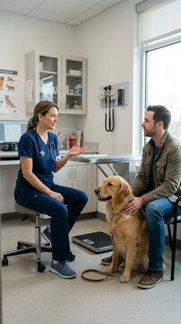 Veterinary Consultation: A compassionate veterinarian in blue scrubs consults with a man and his golden retriever dog in a bright, modern clinic setting, highlighting care and animal health.