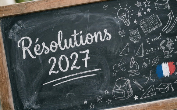 R&eacute;solutions 2027 sur tableau noir avec dessins scolaires et objectifs d annee