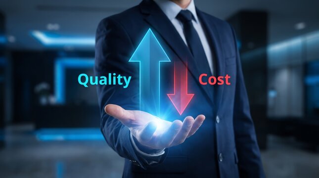 Businessman holding glowing interface showing higher quality and lower cost