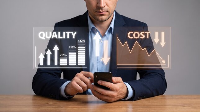 Businessman analyzing quality improvement and cost reduction graphs on smartphone