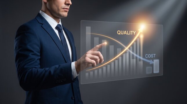 Businessman pointing at virtual screen displaying quality improvement and cost reduction
