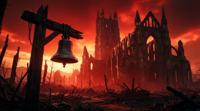Old bronze bell hangs on broken wooden post in ruined gothic cathedral. Destroyed church architecture under dramatic red sunset sky. Desolate landscape with debris, burnt trees shows post apocalyptic