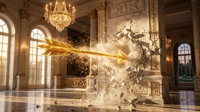 Golden arrow shatters ornate marble wall in grand hall