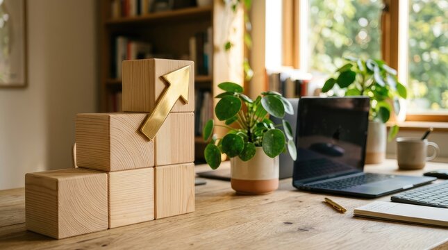 Golden arrow block stack on wooden desk with laptop