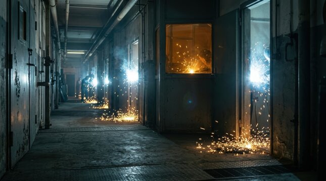 Welding flare in industrial corridor with sparks at doorways, amber safety glass, metal fabrication, manufacturing plant, and protective gear