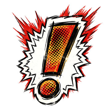 Vibrant stylized comic book exclamation mark featuring halftone dots and explosive blast effect, red and orange warning symbol in retro pop art style isolated on transparent background
