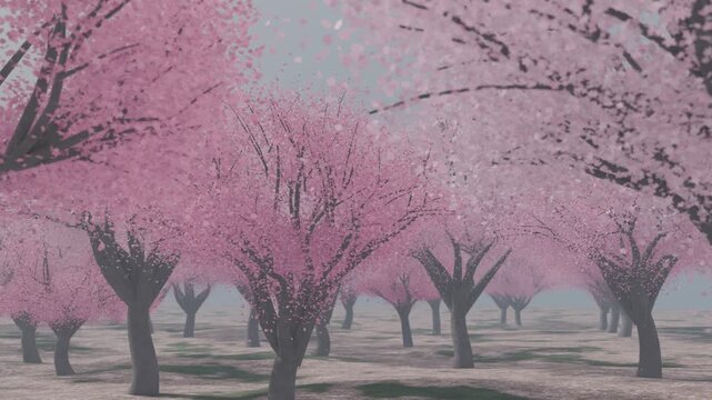 Cherry blossom avenue in full bloom with pink petals drifting down, the camera gliding slowly past rows of sakura trees in soft spring light, 3D render