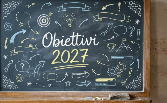 Obiettivi 2027 lavagna con disegni e idee per la pianificazione aziendale e il futuro