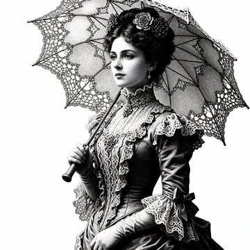 Elegant Victorian lady holds lace parasol. Woman wears vintage dress with ruffles, floral hair decor. Black, white digital art shows historical fashion style. Classic portrait of noble lady with