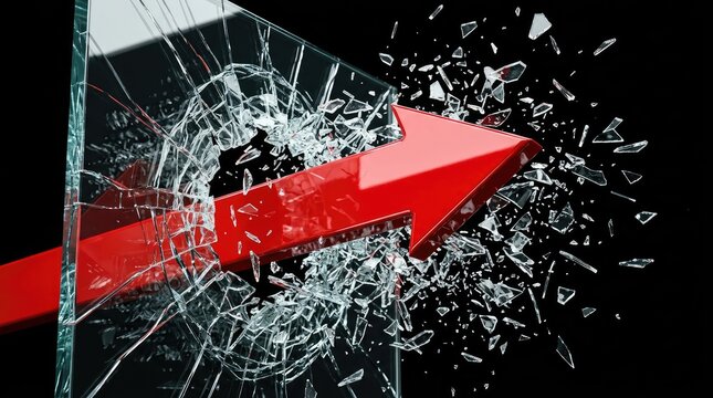 Red arrow shattering glass panel in dark space