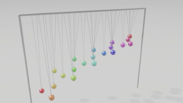 Pendulum wave of twenty rainbow colored glossy balls on strings of slightly different lengths, swinging out of sync into traveling waves, physics demonstration, 3D render