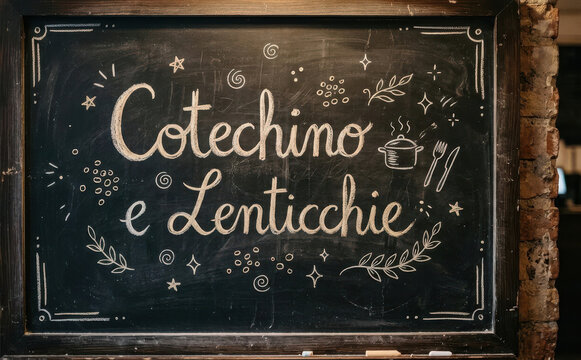 Cotechino e Lenticchie lavagna con scritta a gesso per menu di Capodanno e tradizione culinaria italiana