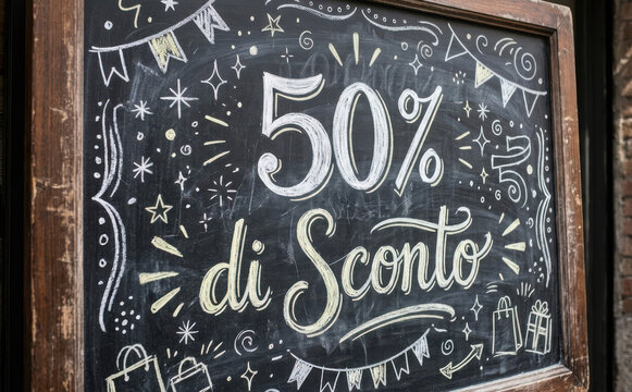 50 di Sconto cartello lavagna promozionale affare risparmio saldi commercio