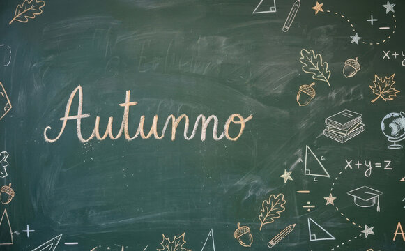 Autunno lavagna scolastica con disegni di foglie di querce e libri per educazione