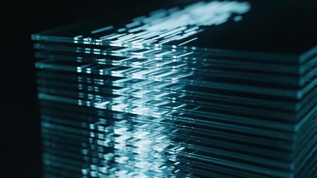 Stacked transparent glass sheets reflect blue light across multiple layers, creating repetitive linear patterns against a dark background