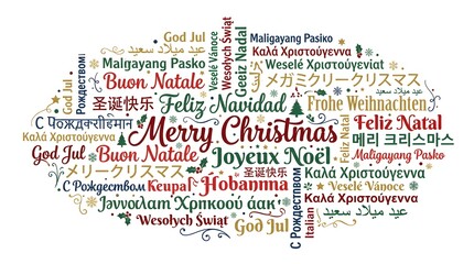 Merry Christmas greeting cloud text in multiple languages from around the world for international holiday wishes. © Wahjoekris