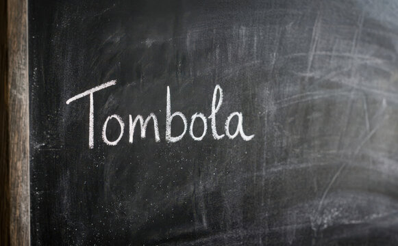Tombola scritta a gesso sulla lavagna nera per giochi di societa e lotteria tradizionale italiana