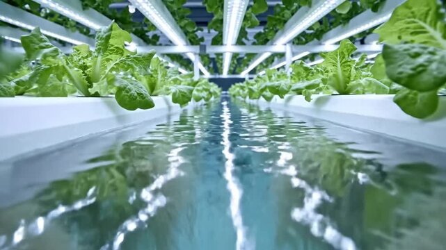 Leafy greens float in hydroponic channels while white roots dangle through circulating water. Bright LED lights line indoor rows and reflections shimmer across calm surface as crops grow in clean