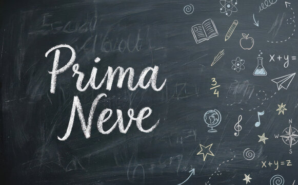 Prima Neve scritta gesso su lavagna scolastica concetto educazione apprendimento scuola