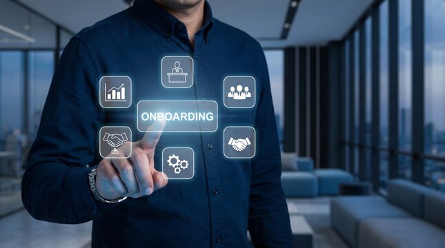Professional businessman pressing digital onboarding button in modern office environment