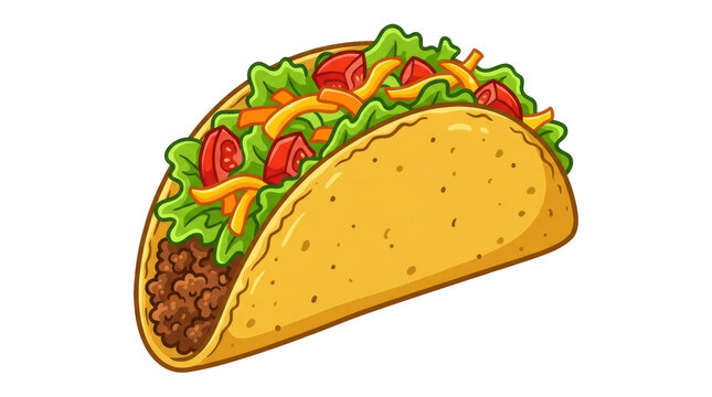 Delicious hard-shell taco with meat, lettuce, tomatoes, cheese on white background