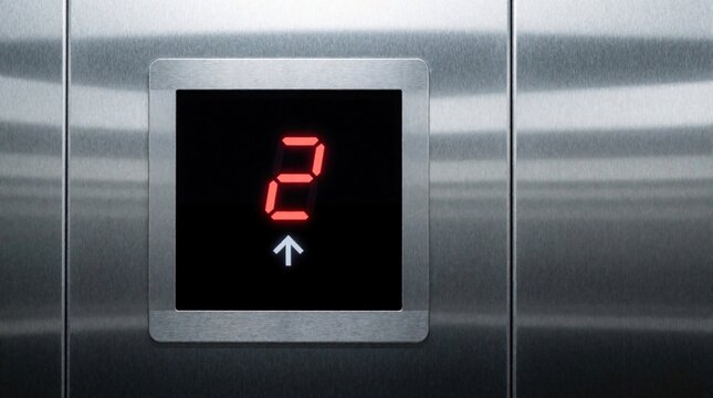 Digital display shows number 2 with up arrow on elevator panel. Modern lift screen indicates floor level inside steel building. Electronic indicator lights up in dark metal elevator cabin. Smart tech