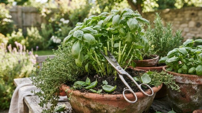 Overgrown backyard herb pots with basil, thyme and kitchen scissors in a rustic garden